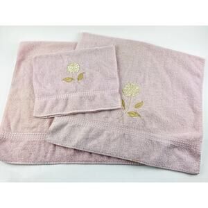 Cannon Bath Body Hand Towel Set Vintage Pink Floral Appliqué Gold Rose USA Flowe